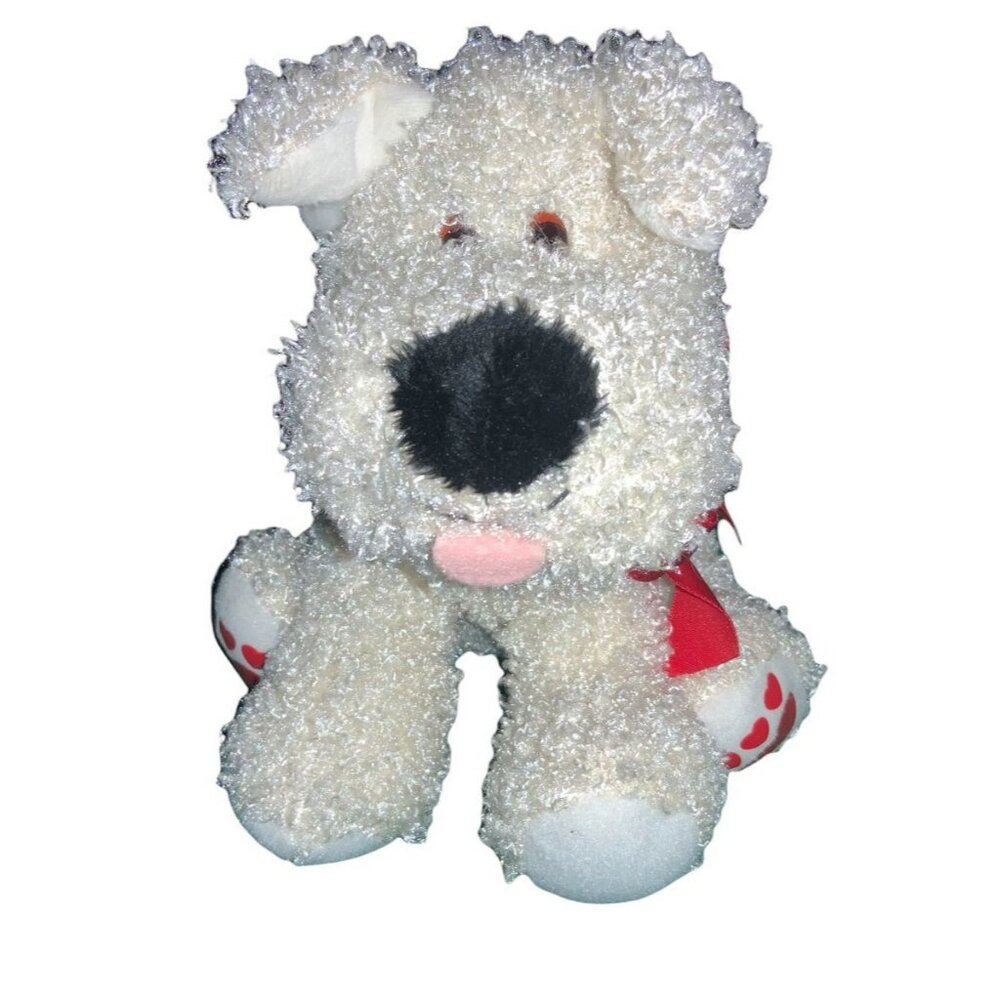 Hallmark White Fuzzy Puppy Dog Plush Stuffed Animal Red Bow Hearts